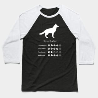 German Shepherd Stats - Friendliness, Floofyness, Foodiness, Borkiness Baseball T-Shirt